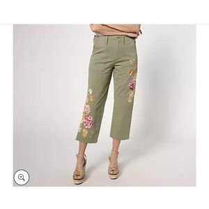 Driftwood Womens Embroidered Utility Boyfriend‎ Crop Pants Size 2X Green Boho